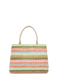 Geweven handtas in pasteltinten van roze, blauw, groen en beige met een gestructureerde vorm en een paar tan leren hengsels.