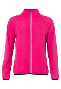 Veste légère rose vif avec fermeture éclair intégrale à l'avant, col haut, manches longues, et bordure noire à l'ourlet et aux poignets.