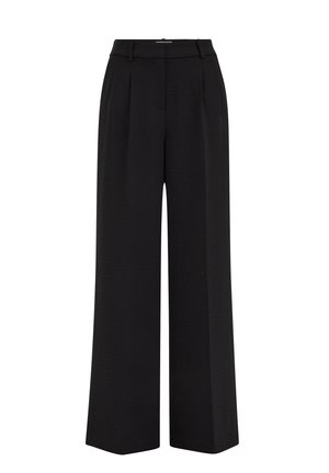 Čierne široké nohavice so štruktúrovanou látkou, s vysokým pásom a záhybmi vpredu, ktoré poskytujú upravený vzhľad.