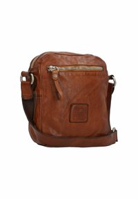 Braune Leder-Crossbody-Tasche mit einem Reißverschluss oben, Vordertasche, verstellbarem Riemen und eingraviertem Markenlogo auf der Vorderseite.
