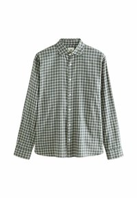 Chemise à manches longues en tissu écossais vert fonc�é et crème, avec un col classique et des boutons blancs à l'avant. Tissu en mélange de coton.