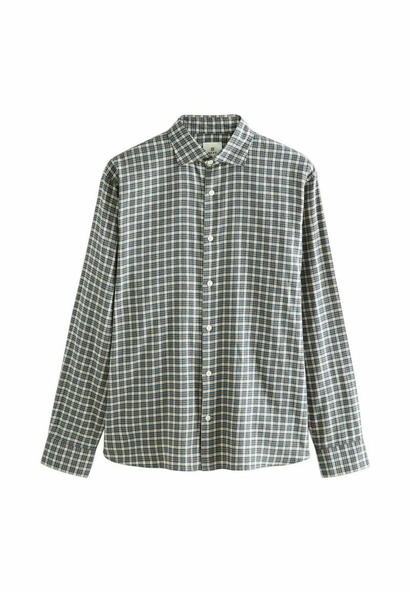 Chemise à manches longues en tissu écossais vert foncé et crème, avec un col classique et des boutons blancs à l'avant. Tissu en mélange de coton.