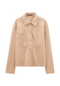 Beige overhemd met lange mouwen van gladde stof, met een kraag, een knoopsluiting met vijf knopen en een enkele borstzak.