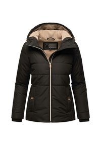 Black puffer jacket with a fur-lined hood, featuring a front zipper and pockets with decorative hardware. Smooth outer texture.