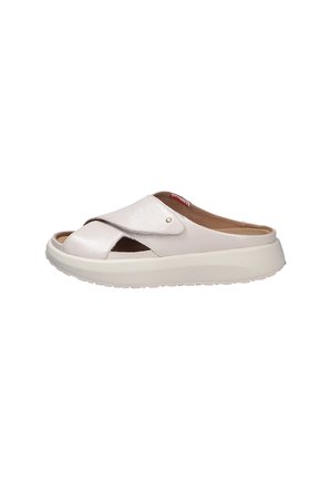 White slip-on sandal with open toe, crossed leather upper straps, and a thick cushioned sole, shown on a white background.