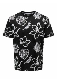 Sort bomulds t-shirt med et hvidt blomstermotiv og bladmønster. Korte ærmer, rund halsudskæring og en afslappet pasform.