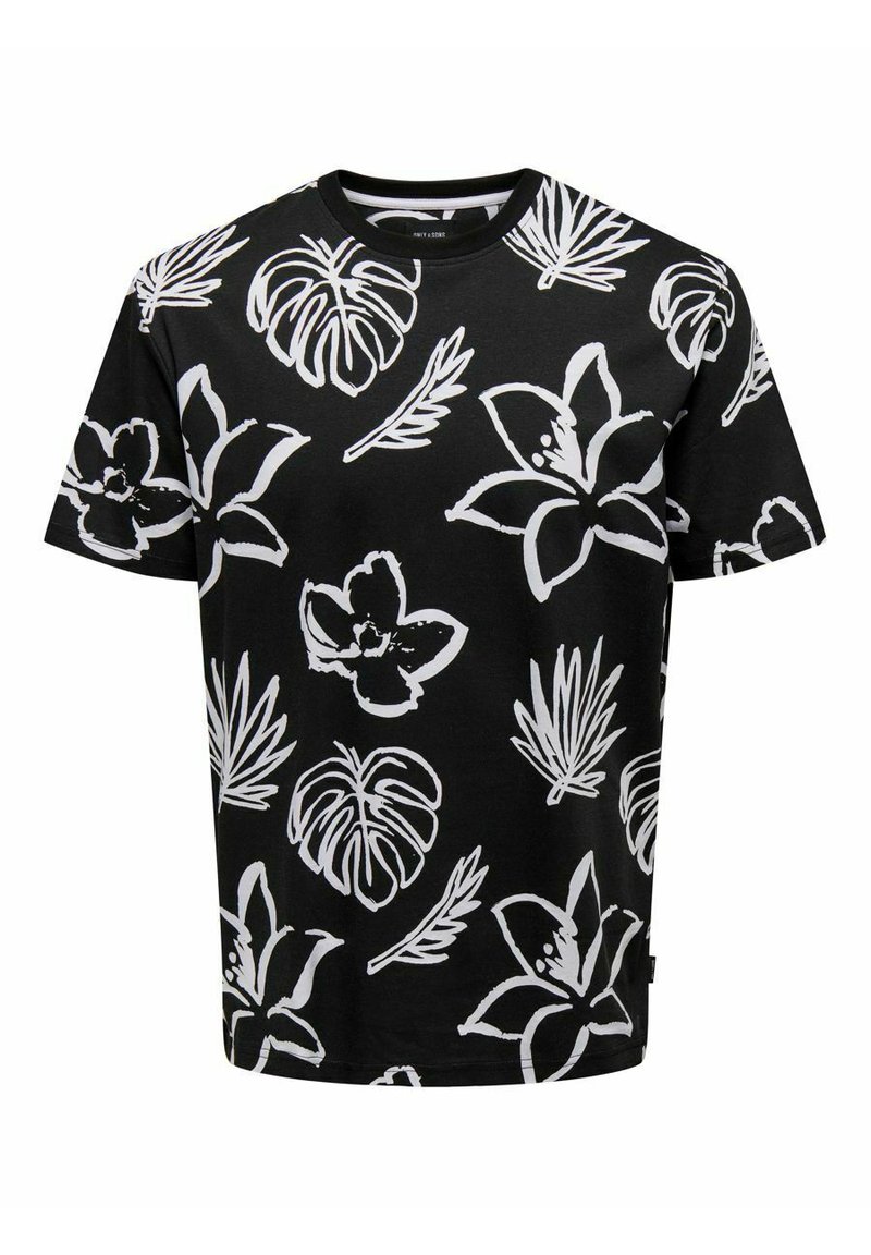 Sort bomulds t-shirt med et hvidt blomstermotiv og bladmønster. Korte ærmer, rund halsudskæring og en afslappet pasform.