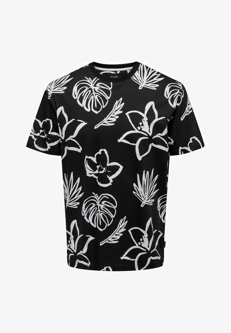 T-shirt en coton noir avec un motif floral et de feuilles blanches. Manches courtes, col rond et coupe décontractée.