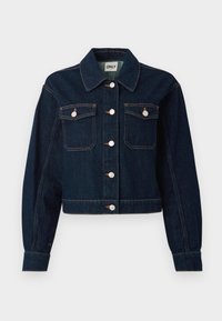 Mørkeblå denim cropped jakke med krage, knapper foran, to brystlommer og kontraststing.