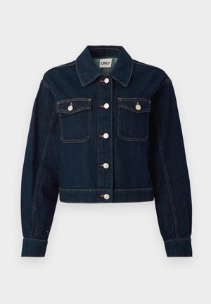 Tmavomodrá denimová skrátená bunda s golierom, gombíkovým zapínaním, dvoma náprsními vreckami a kontrastným prešívaním.