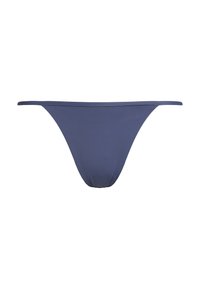 Slip blu navy con copertura minima, texture liscia e fasce laterali sottili. Design semplice e senza cuciture, privo di motivi o decorazioni.