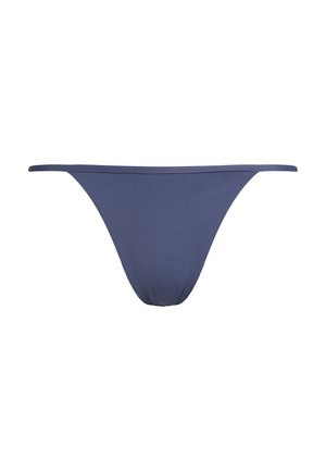 Granatowe bikini dolne z minimalnym pokryciem, gładką teksturą i cienkimi bocznymi paskami. Prosty, bezszwowy design bez wzorów czy ozdób.