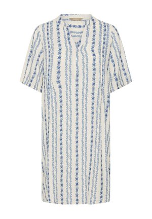 Kurzärmliges cremefarbenes Kleid mit blauen vertikalen Blumenstreifen, V-Ausschnitt und Ein-Knopf-Verschluss.