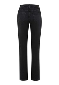 Jeans in denim nero con una vestibilità dritta, design a cinque tasche e una texture liscia, caratterizzati da un girovita medio e dettagli di cucitura sottili.