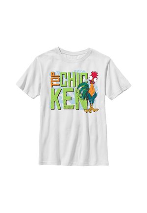 Hvid T-shirt med farverig tegneseriehane og fed tekst med teksten "Top Chicken" i orange og grønne bogstaver over brystet.