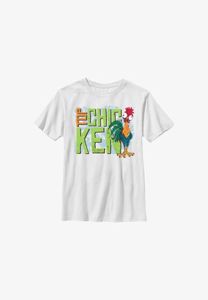 Biała koszulka z kolorowym, kreskówkowym kogutem i wyraźnym napisem "Top Chicken" w pomarańczowych i zielonych literach na piersi.