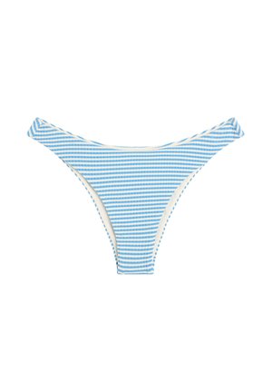 Bas de bikini côtelé bleu et blanc à rayures horizontales avec une coupe haute sur fond blanc.