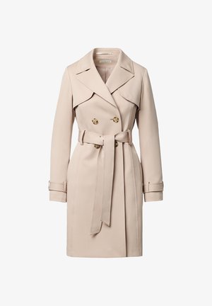 Beżowy dwurzędowy płaszcz trencz z szerokimi klapami, paskiem w talii, zapinanymi na guziki mankietami i detalem z przednią patką.