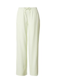 Lichtgroene, wijde broek gemaakt van zachte, lichte stof. Kenmerkt zich door een elastische tailleband, een verstelbaar trekkoord en een gladde textuur.