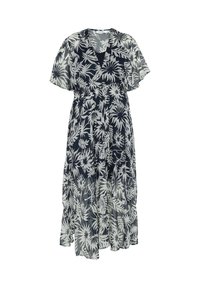 Svart och vit blommig midi-klänning med vida ärmar, V-ringning, rynkad midja och svävande kjol.