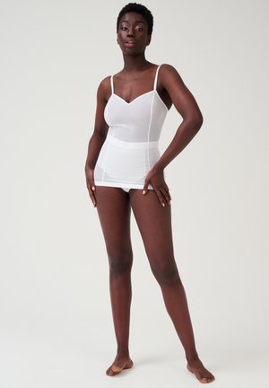 Witte doorschijnende body met dunne banden, V-hals, gestructureerde stof en aansluitende taille. Naadloos ontwerp met een soepele silhouet, midden dij lengte.