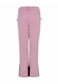 Ružové lyžiarske nohavice s hladkou textúrou, vybavené zadnou vreckom, ďalšími zipsami a čiernymi akcentmi pri členkoch. Strih s rovným nohavicami.