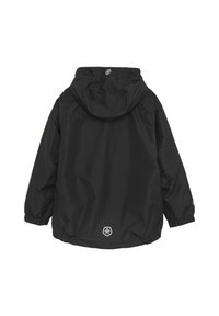 Svart vattentät jacka med huva, elastiska ärmslut och en logotyp på baksidan. Texturerad tyg med en avslappnad passform.