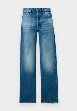 Helle blaue Jeans mit hoher Taille, weitem Bein und verwaschenem Finish. Besitzt ein klassisches Fünf-Taschen-Design und einen Metallknopfverschluss.