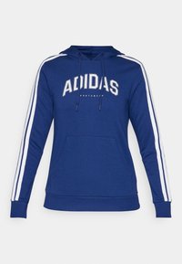Modrá mikina Adidas s bílými pruhy na rukávech, přední kapsou ve stylu klokanky, kapucí na šňůrku a logem "Adidas Sportswear" na hrudi.