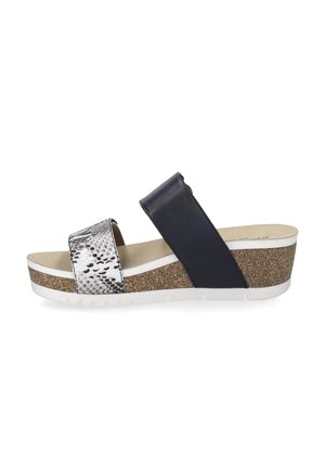 Wedge sandal featuring a metallic snake-print strap, black leather band, cork midsole, and white rubber outsole.