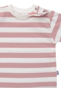 Gestreiftes kurzärmliges Hemd mit rosa und weißen horizontalen Streifen, weichem Baumwollmaterial und Druckknopfverschluss an der Schulter.