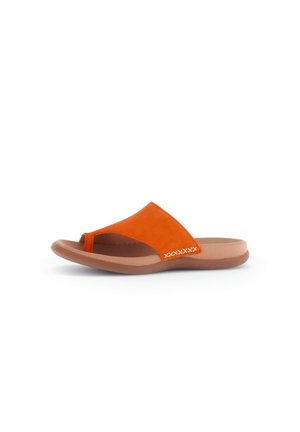 Orange suede slide sandal with a toe loop and a curved lightweight sole, featuring decorative stitching on the strap and a smooth finish.