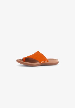 Orange suede slide sandal with a toe loop and a curved lightweight sole, featuring decorative stitching on the strap and a smooth finish.
