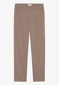 Brązowe spodnie z elastycznym pasem, dwoma bocznymi kieszeniami, prostym krojem oraz gładkim, fakturowanym materiałem. Prosty design bez dodatkowych wzorów.