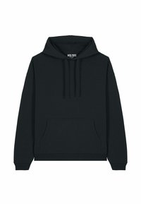 Felpa nera con cappuccio realizzata in tessuto morbido, dotata di tasca frontale, cappuccio con coulisse e polsini e orlo a coste. Design semplice senza ulteriori motivi.