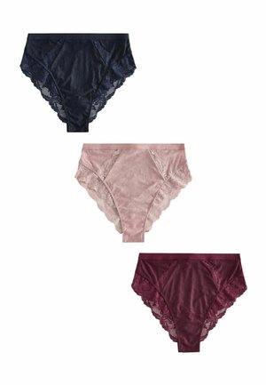 Three pairs of women's panties in navy, pink, and burgundy. Each has lace trim along the edges and a smooth satin finish.