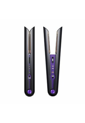 Piastra per capelli nera e viola con display digitale della temperatura e pulsanti, mostrata chiusa e aperta su sfondo bianco.