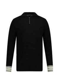 Maglione nero lavorato a maglia con colletto a zip a un quarto. Presenta una texture a costine e accenti a righe in grigio e bianco sui polsini.