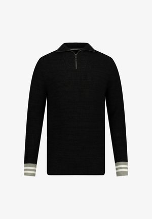 Schwarzer, gestrickter Pullover mit einem Viertel-Reißverschluss-Kragen. Verfügt über eine gerippte Textur und gestreifte Akzente in Grau und Weiß an den Ärmelbündchen.