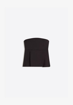 Top nero senza spalline con corpetto aderente e vita svasata, esposto su uno sfondo chiaro e uniforme.