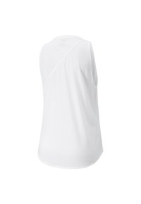 Top blanco sin mangas con un escote redondeado, tejido suave y una costura diagonal en la parte trasera para un diseño limpio.
