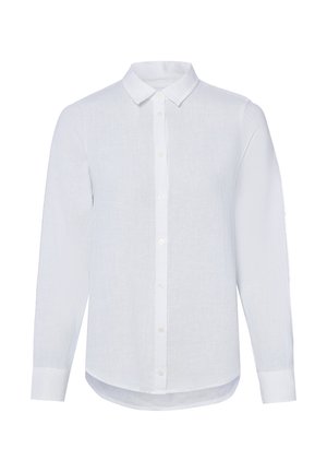Chemise blanche à manches longues avec boutons, col et poignets, ourlet légèrement courbé, tissu uni, présentée sur un fond blanc uni.