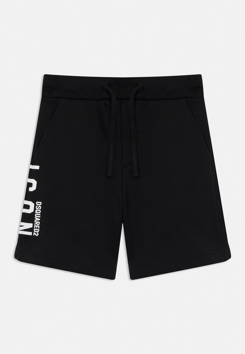 Shorts neri realizzati in morbido tessuto con tasche laterali, vita elastica e cordoncino. Presentano un logo bianco lungo il lato.