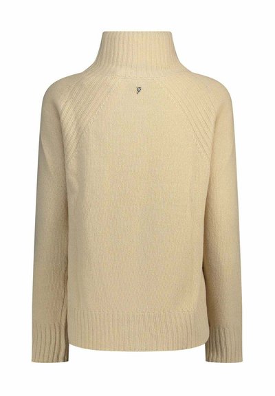 Beige Pullover mit hohem Stehkragen, gerippten Bündchen und Saum. Verfügt über Raglanärmel und ein kleines Logo auf der Rückseite. Weiche Textur.