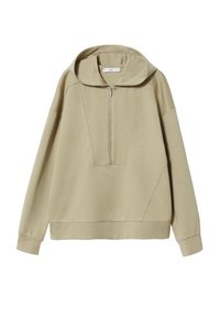 Sweat-shirt beige à manches longues avec grande capuche et demi-fermeture éclair à l'avant, présentant des détails de couture minimalistes et des poignets et ourlet côtelés.
