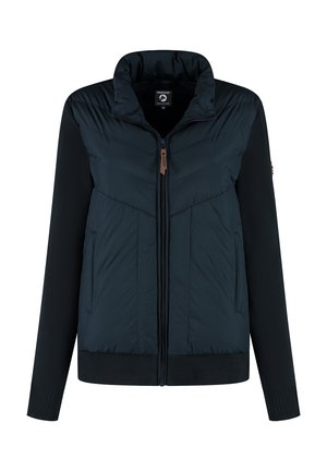 Marineblauwe hybride jas met gequiltte voorkant en kraag, gebreide lange mouwen, ritssluiting en zijzakken.