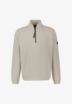 Beige knit pullover sweater with a quarter-zip neckline, ribbed texture, and a navy accent zipper. Features a round logo at the left sleeve.