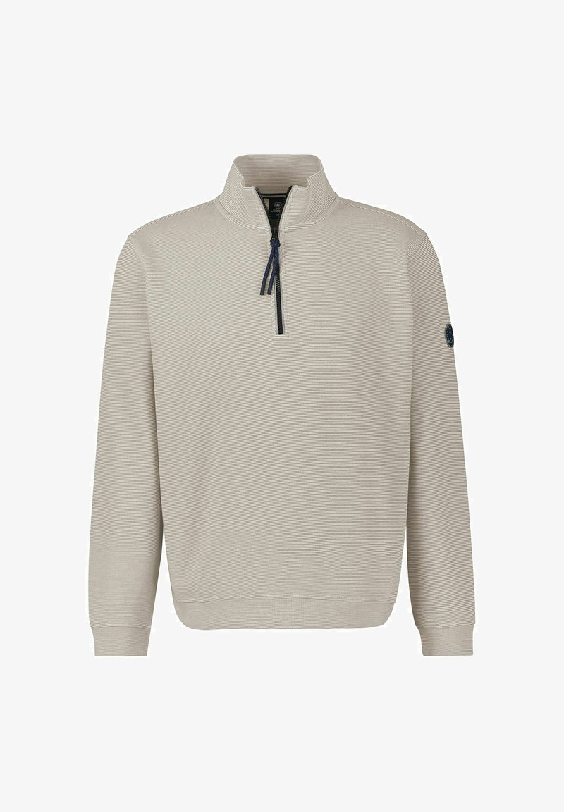 Beige gebreide pullovertrui met een kwart-rits halslijn, geribbelde textuur en een marineblauwe accentrits. Bevat een ronde logo op de linkermouw.