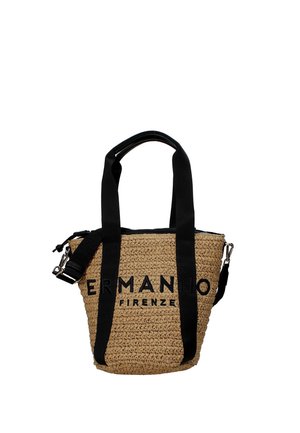 Borsa tote beige intrecciata con cinturini neri e scritta "ERMANNO FIRENZE" sul davanti, con tracolla regolabile con fibbie argentate.