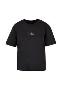 Black cotton t-shirt with short sleeves, round neck, and "Babe" embroidered in white cursive on the chest. Classic boxy design.